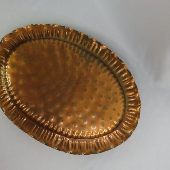 Gregorian Copper Serving Tray Hand Hammered Oval w Applied Flowers Twist Handles - Picture 10 of 10